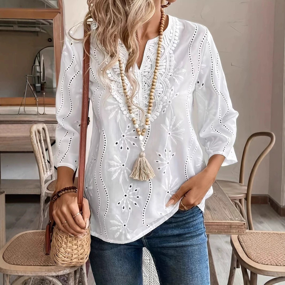 Forever 21 Spring Summer Women's Loose Lace Embroidery Collar Blouse